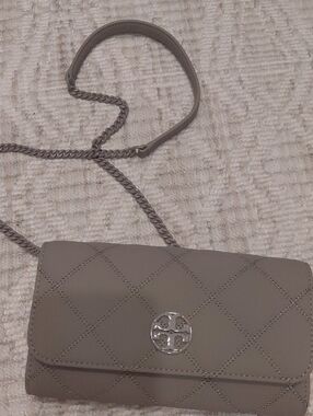 Tory Burch Quilted Taupe Crossbody with Silver Logo